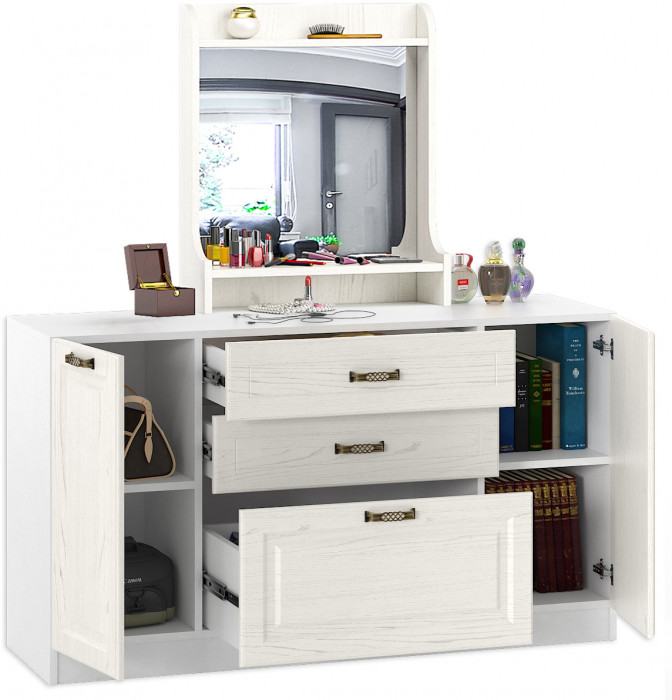 Ливерпуль Комод + Полка 10.118 с зеркалом, ясень ваниль/белый