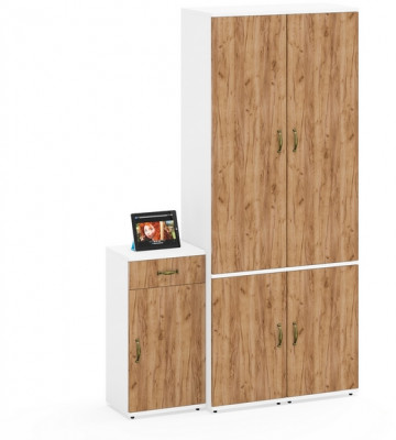 Лидер-8 Пенал МД 21Б + Пенал МД 21Б + Тумба МД 3.15, цвет белый шагрень/крафт золото, ШхГхВ 120х37,5х190 см., универсальная сборка