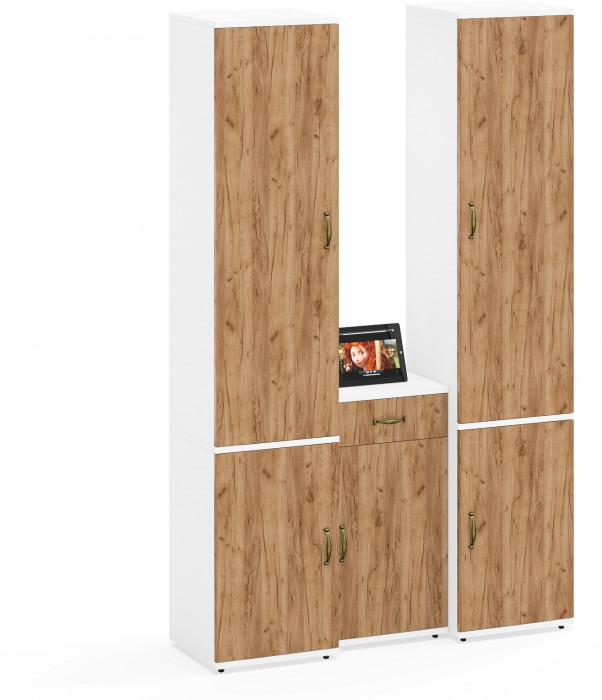 Лидер-8 Пенал МД 21Б + Пенал МД 21Б + Тумба МД 3.15, цвет белый шагрень/крафт золото, ШхГхВ 120х37,5х190 см., универсальная сборка