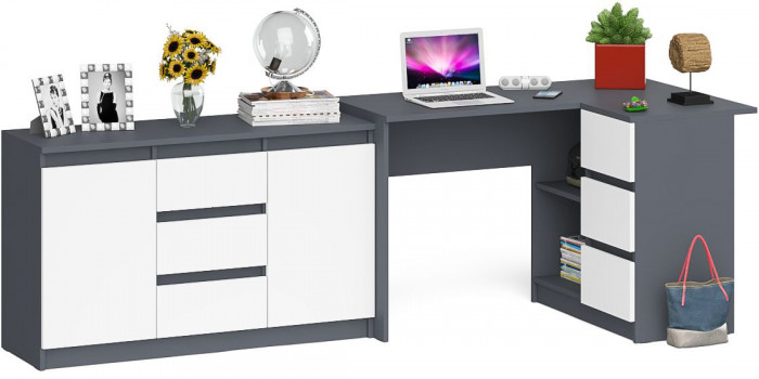 Мори Стол компьютерный МС-16 правый + Комод МК1200.3, цвет графит/белый, ШхГхВ 244,8х84,9х76,6 см., выдвижные ящики справа, НЕ универсальная сборка