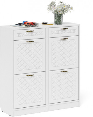 Прихожая П-6 Тумба для обуви 2 секции + Тумба для обуви 2 секции, цвет белая шагрень/фасады МДФ белое дерево фрезеровка ромб, ШхГхВ 100х35х108,3 см