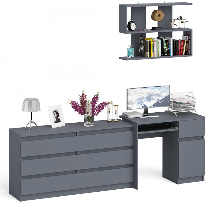 Мори Стол компьютерный МС-1 правый + Комод МК1380.6 + Полка 900, цвет графит, ШхГхВ 228х50х209,6 см., НЕ универсальная сборка