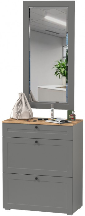 Остин 16.121 Тумба для обуви + 17.03 Зеркало, цвет серый графит/дуб крафт золотой, ШхГхВ 80х41,6х229 см.