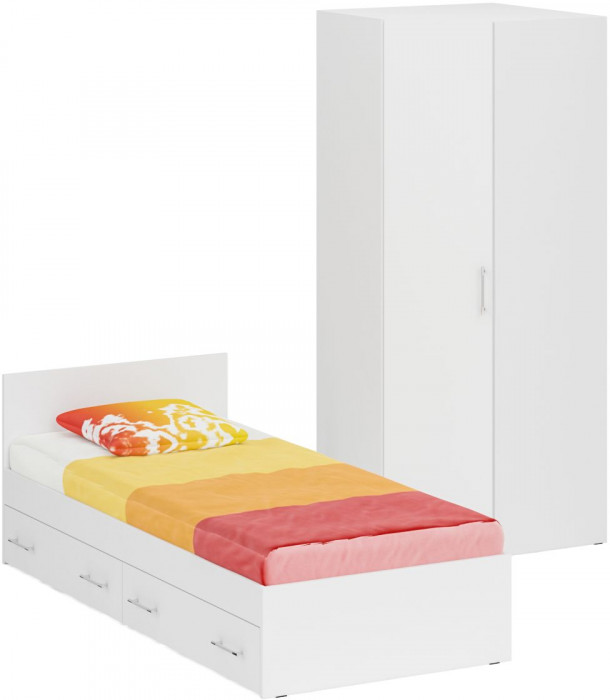 Кровать с ящиками 0900 + Шкаф угловой Стандарт, цвет белый, ШхГхВ 93,5х203,5х70 + 81,2х81,2х200 см., сп.м. 900х2000 мм., без матраса, основание есть