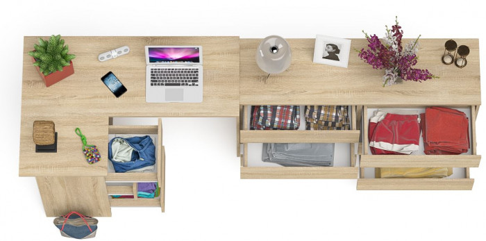 Мори Стол компьютерный МС-16 левый + Комод МК1380.6, цвет дуб сонома, ШхГхВ 262,4х84,9х76,6 см., выдвижные ящики слева, НЕ универсальная сборка