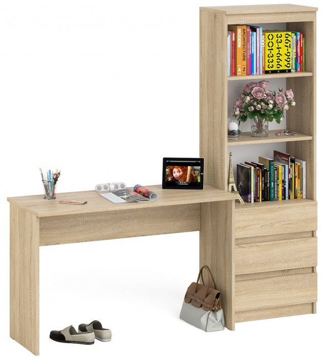 Мори Стол письменный МСП1200.1 + Стеллаж МСТ600.3, цвет дуб сонома, ШхГхВ 180,8х50х179,6 см., универсальная сборка
