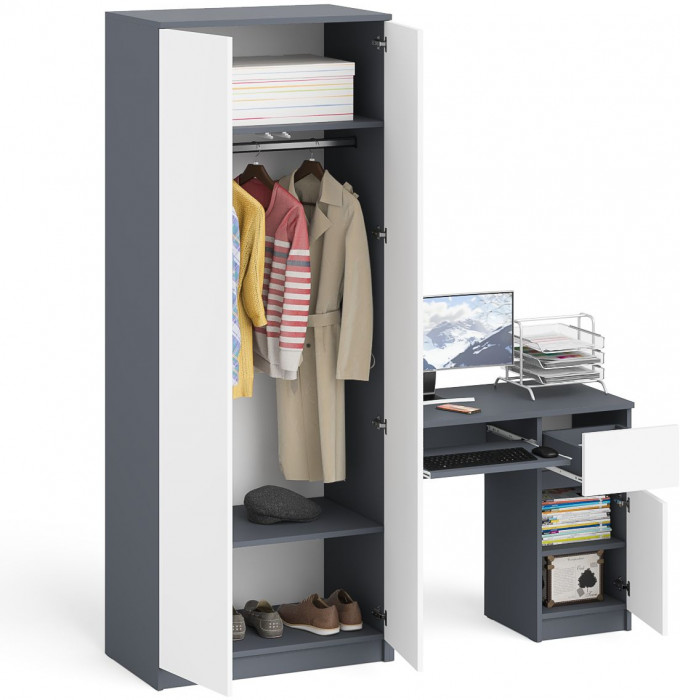 Мори компьютерный стол МС-1 правый + Шкаф МШ800.1, графит/белый