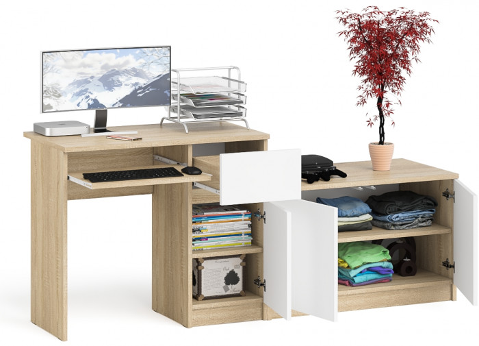 Мори Стол компьютерный МС-1 правый + Тумба МА900.1, цвет дуб сонома/белый, ШхГхВ 180,4х50,4х76,6 см., выдвижной ящик справа, НЕ универсальная сборка
