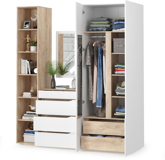 Муссон 13.198 Шкаф + 13.349 Стеллаж + 13.97 Комод + Зеркало СВК, белый/дуб эндгрейн элегантный