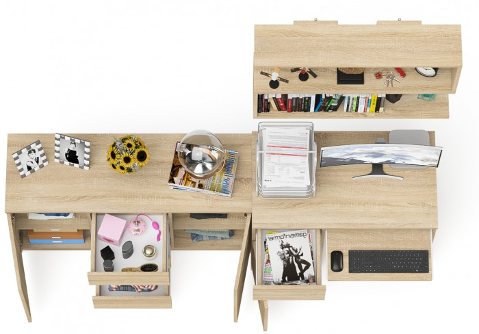 Мори Стол компьютерный МС-1 левый + Комод МК1200.3 + Полка 900, цвет дуб сонома, ШхГхВ 210,4х50х209,6 см., НЕ универсальная сборка