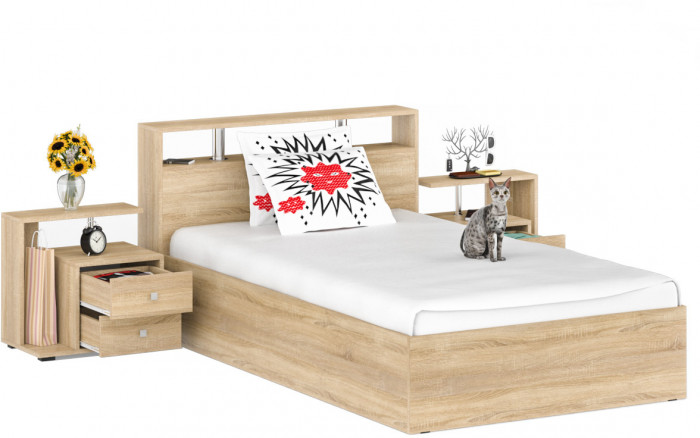 Камелия Кровать 1400 + две тумбы, цвет дуб сонома, ШхГхВ 256х217х78,2 см., сп.м. 1400х2000 мм., без матраса, основание есть