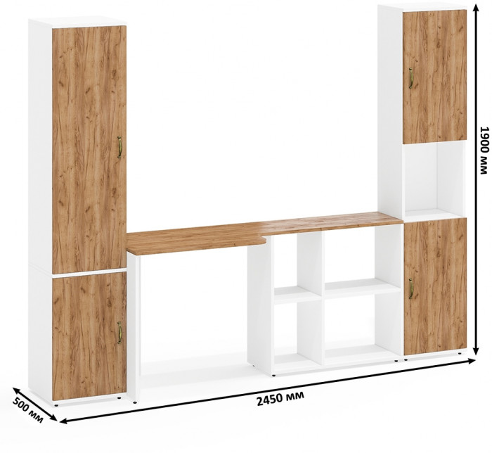 Лидер-8 Пенал МД 21Б + Стол + Пенал, цвет белый шагрень/крафт золото, ШхГхВ 245х50/37,5х75/190 или 155х120/50х75/190 см., НЕ универсальная сборка