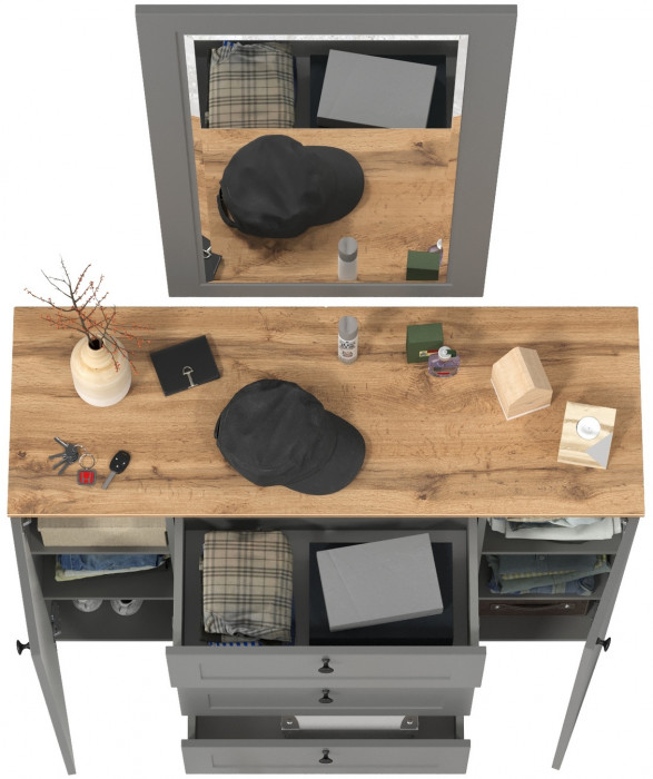 Остин 16.221 Комод + 17.03 Зеркало, цвет серый графит/дуб крафт золотой, ШхГхВ 120х41,9х229,6 см.