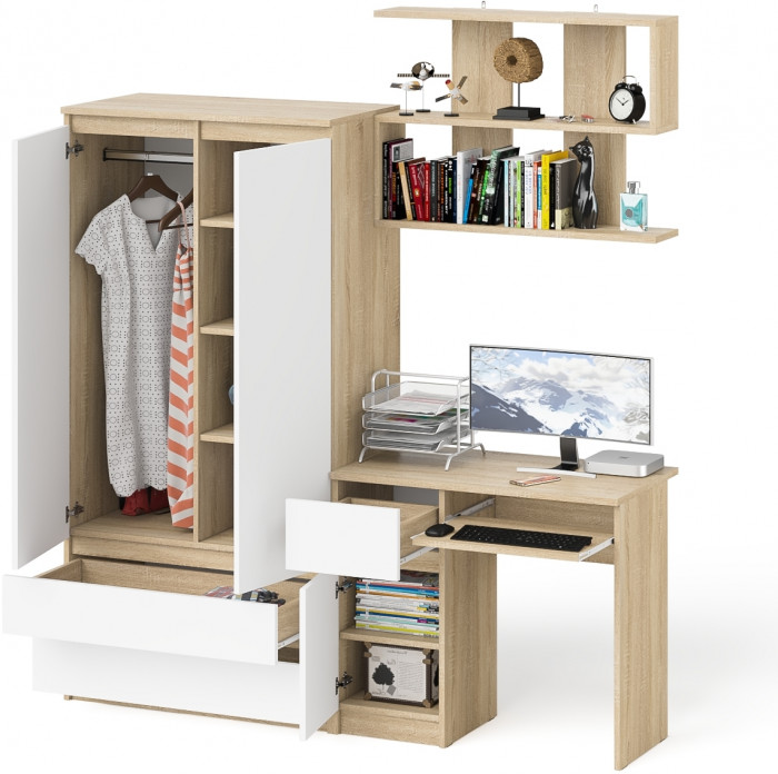 Мори компьютерный стол МС-1 левый + Шкаф МШ900.1 + Полка 900, дуб сонома/белый