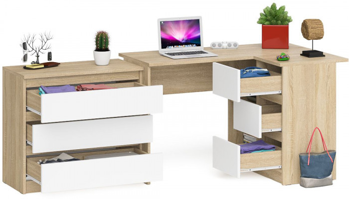 Мори компьютерный стол МС-16 правый + Комод МК800.1, дуб сонома/белый
