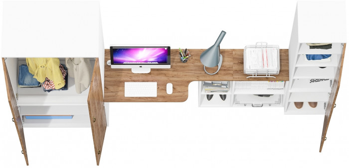 Лидер-8 Шкаф МД 19Б + Стол + Пенал 22Б, цвет белый шагрень/крафт золото, ШхГхВ 285х50/37,5х75/190 или 195х120х75/190 см., НЕ ун.сб.