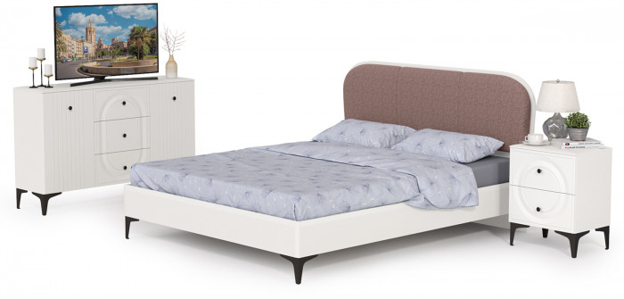 Валенсия Спальня № 04, цвет ЛДСП белый шагрень/МДФ белый шагрень/ткань велутто 19, ортопед есть, сп. м. 1600х2000 мм., б/м