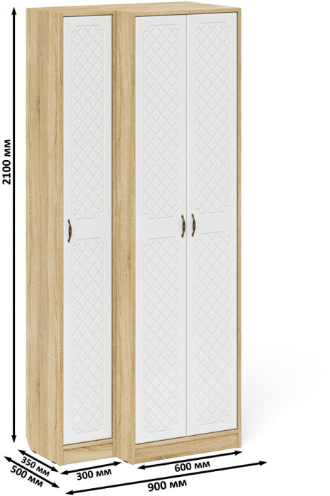 Прихожая П-6 Шкаф + Пенал, цвет дуб сонома/фасады МДФ белое дерево фрезеровка ромб, ШхГхВ 90х50х210 см., универсальная сборка