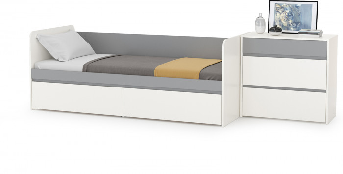 Торонто 11.39 Кровать + 13.321 Комод, цвет белый шагрень/стальной серый, ШхГхВ 274х84,4х75,4 см., сп. м. 800х1900 мм., б/м, основание есть