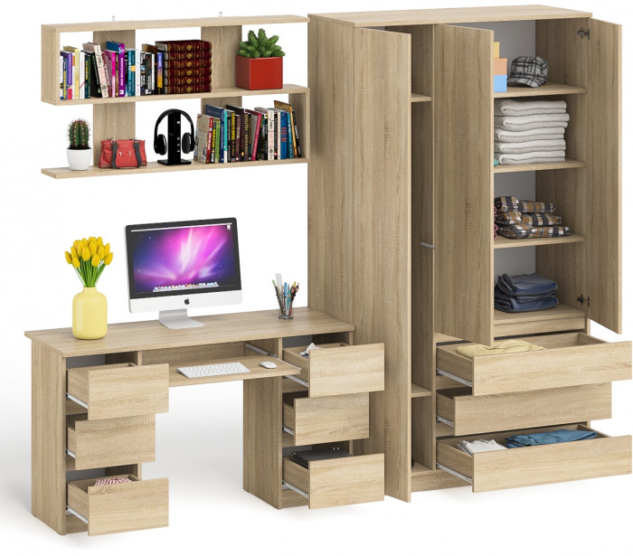 Мори компьютерный стол МС-2 + Шкаф МШ1200.1 + Полка 1200, дуб сонома