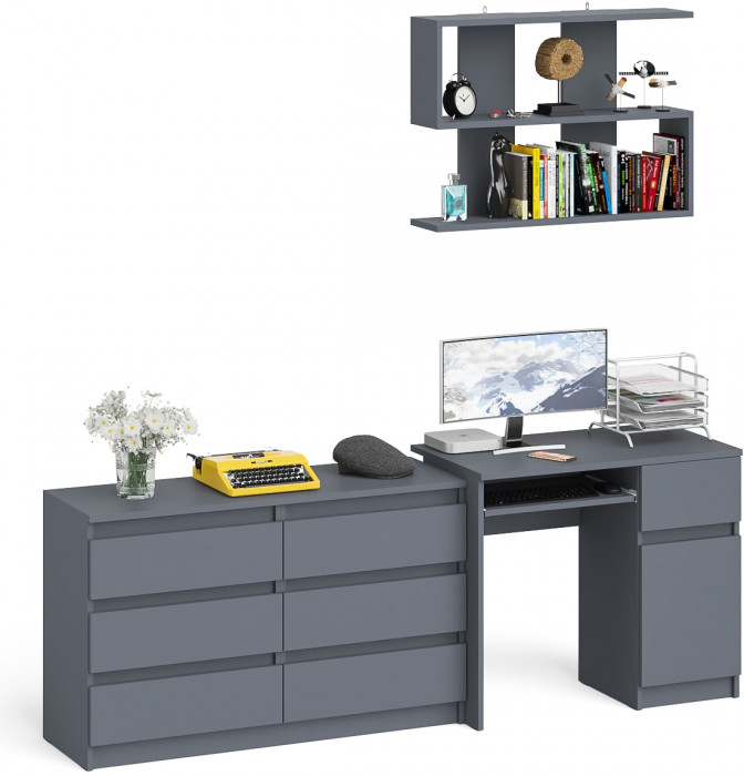 Мори Стол компьютерный МС-1 правый + Комод МК1200.6 + Полка 900, цвет графит, ШхГхВ 210,4х50х209,6 см., НЕ универсальная сборка