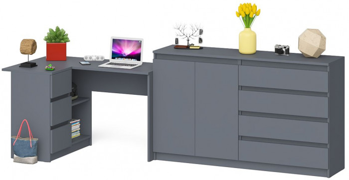 Мори Стол компьютерный МС-16 левый + Комод МК1600.1, цвет графит, ШхГхВ 284,8х84,9х94 см., выдвижные ящики слева, НЕ универсальная сборка