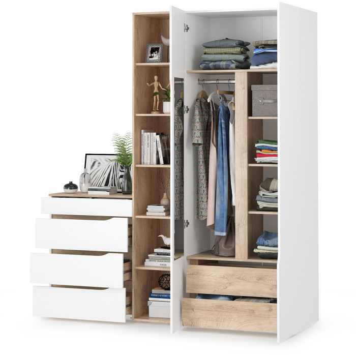 Муссон 13.198 Шкаф двухстворчатый + 13.349 Стеллаж + 13.97 Комод, белый/дуб эндгрейн элегантный