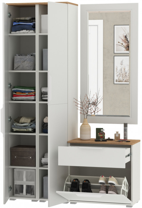 Октава Прихожая 43, белый шагрень/дуб крафт золотой/фасады МДФ белый шагрень