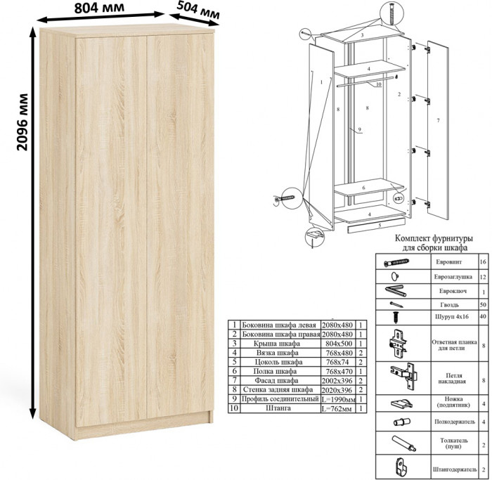 Мори Шкаф МШ800.1, цвет дуб сонома, ШхГхВ 80,4х50,4х209,6 см.