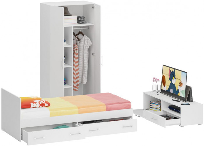 Спальня Стандарт 3-0900Я, белый/фасады ТВ тумбы МДФ белый глянец
