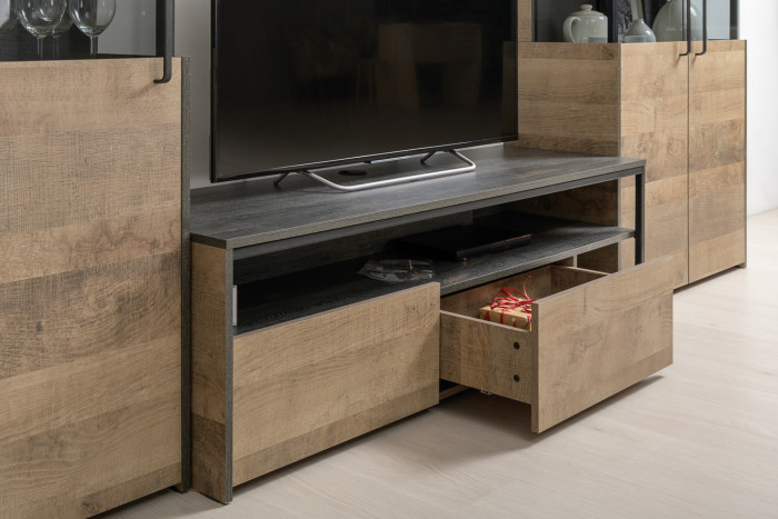 Трувор 13.70 Тумба под ТВ + 13.306 Комод с витриной + 15.60 Полка, дуб гранж песочный/интра