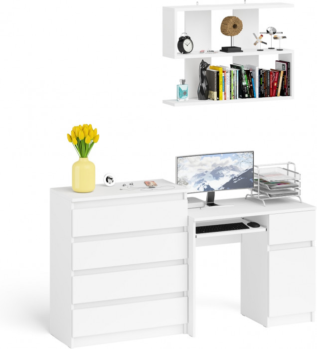 Мори компьютерный стол МС-1 правый + Комод МК800.4 + Полка 900, белый