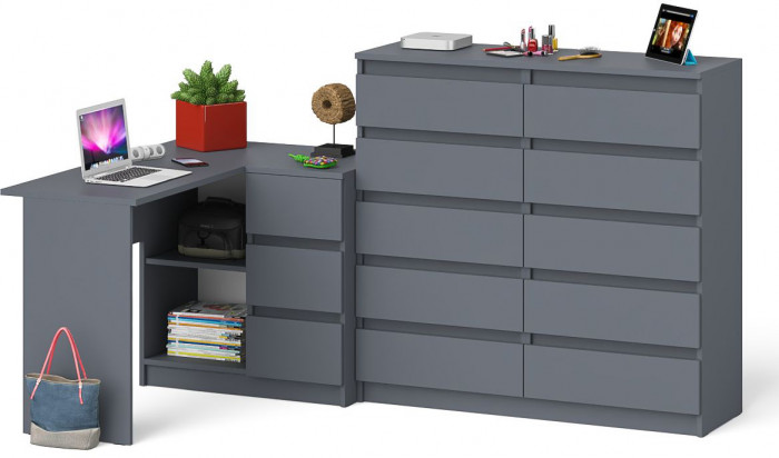 Мори Стол компьютерный МС-16 правый + Комод МК1200.10, цвет графит, ШхГхВ 244,8х84,9х115 см., выдвижные ящики справа, НЕ универсальная сборка