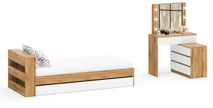 Ксения Кровать с ящиками 0900 + Стол косметический с подсветкой 110, дуб вотан/белый