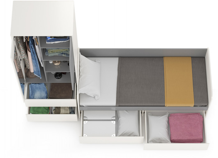 Торонто 11.39 Кровать + 13.333 Шкаф для одежды, цвет белый шагрень/стальной серый, ШхГхВ 274х84,4х195,7 см., сп. м. 800х1900 мм., б/м, основание есть