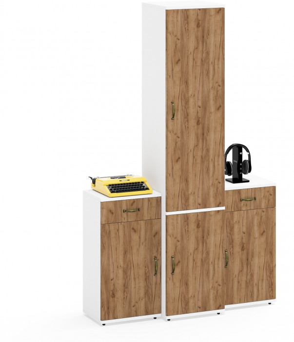 Лидер-8 Пенал МД 21Б + Тумба МД 3.15 + Тумба МД 3.15, цвет белый шагрень/крафт золото, ШхГхВ 120х37,5х190 см., универсальная сборка