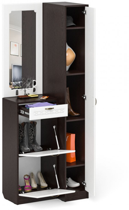 Прихожая П-6 Компоновка № 43, венге/фасады МДФ белое дерево фрезеровка ромб