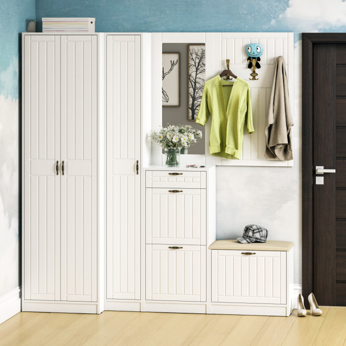 Прихожая П-6 Тумба для обуви 2 секции, цвет белая шагрень/фасады МДФ белое дерево фрезеровка прованс, ШхГхВ 50х35х108,3 см.