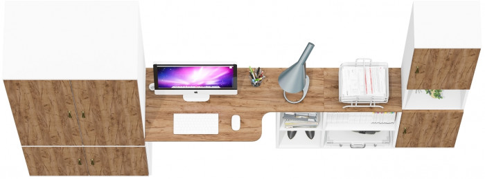 Лидер-8 Шкаф МД 19Б + Стол + Пенал, цвет белый шагрень/крафт золото, ШхГхВ 285х50/37,5х75/190 или 195х120х75/190 см., НЕ универсальная сборка