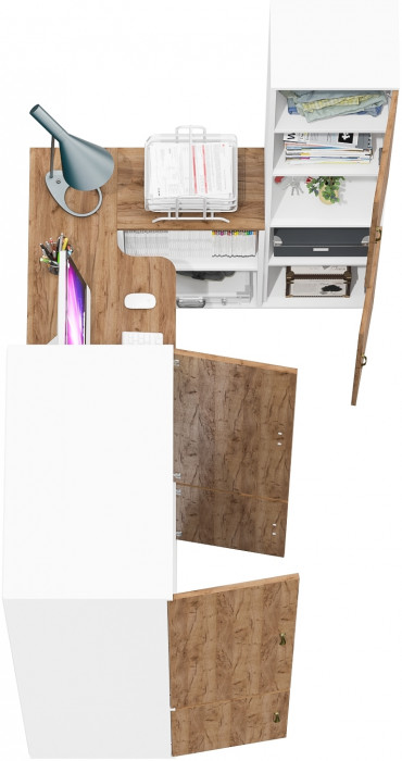 Лидер-8 Шкаф МД 19Б + Стол + Пенал, цвет белый шагрень/крафт золото, ШхГхВ 285х50/37,5х75/190 или 195х120х75/190 см., НЕ универсальная сборка