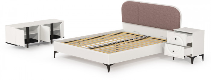 Валенсия Спальня № 12, цвет ЛДСП белый шагрень/чёрный/МДФ белый шагрень/ткань велутто 19, ортопед есть, сп. м. 1600х2000 мм., б/м