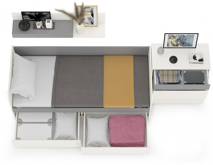 Торонто 11.39 Кровать + 16.475 Полка + 13.321 Комод, цвет белый шагрень/стальной серый, ШхГхВ 274х84,4х150 см., сп. м. 800х1900 мм, б/м, основан. есть