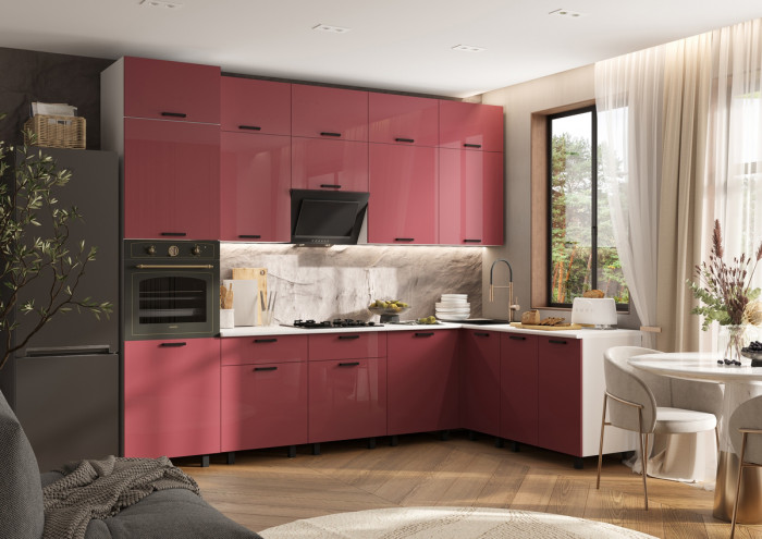 Кухня Техно 3,0х1,8/1080м Компоновка №6, Белый/Марсала глянец