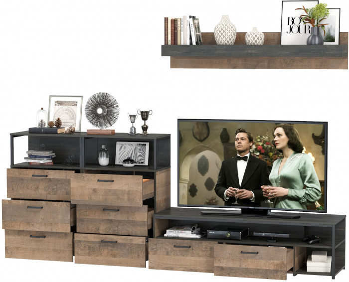 Трувор 13.70 Тумба под ТВ + 13.307.02 Комод + 13.307.02Комод + 15.60 Полка, дуб гранж песочный/интра