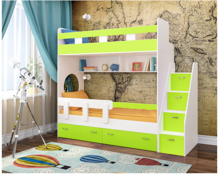 Двухъярусная кровать Юниор 1 + бортик Юниор (Белое дерево/Лайм / Ирис)