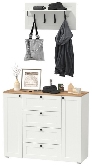 Остин 16.221 Комод + 15.12 Вешалка, цвет белый шагрень/дуб крафт золотой, ШхГхВ 120х41,9х210 см.