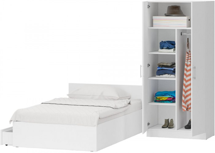 Кровать с ящиками 1200 + Шкаф 2-х створчатый Стандарт, цвет белый, ШхГхВ 123,5х203,5х70 + 90х52х200 см., сп.м. 1200х2000 мм., б/м, основание есть
