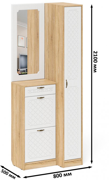 Прихожая П-6 Компоновка № 43, дуб сонома/фасады МДФ белое дерево фрезеровка ромб