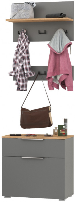 Октава 16.127 Тумба для обуви + 15.14.01 Вешалка + 15.14.02, цвет серый графит/дуб крафт золотой/фасады МДФ серый графит, ШхГхВ 64,9х35,4х197 см.