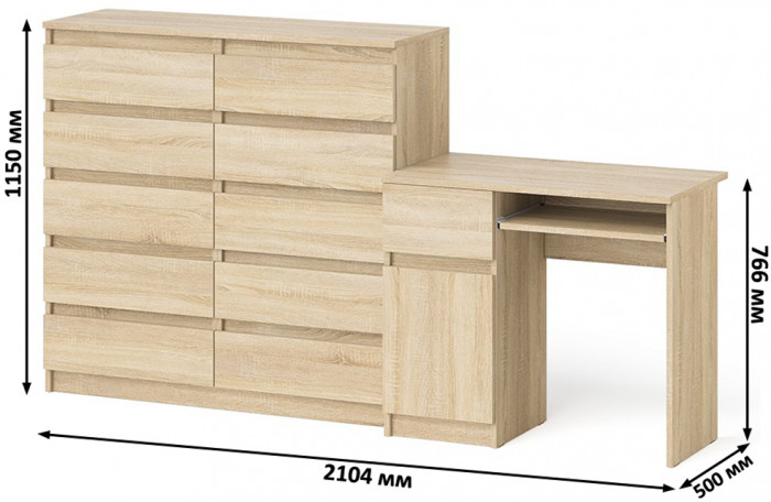 Мори компьютерный стол МС-1 левый + Комод МК1200.10, дуб сонома